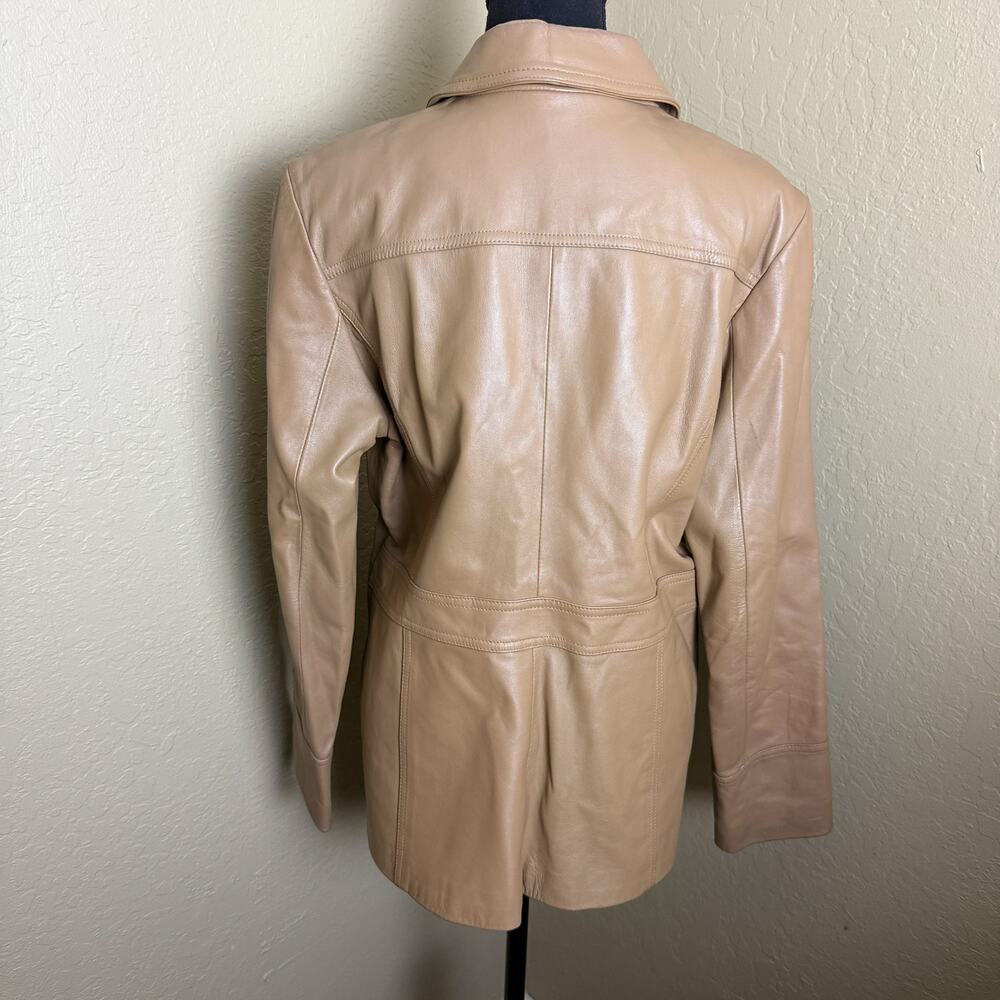 Reaction Kenneth Cole Women L Tan 100% Leather Blazer Jacket Button Lined - Picture 2 of 6